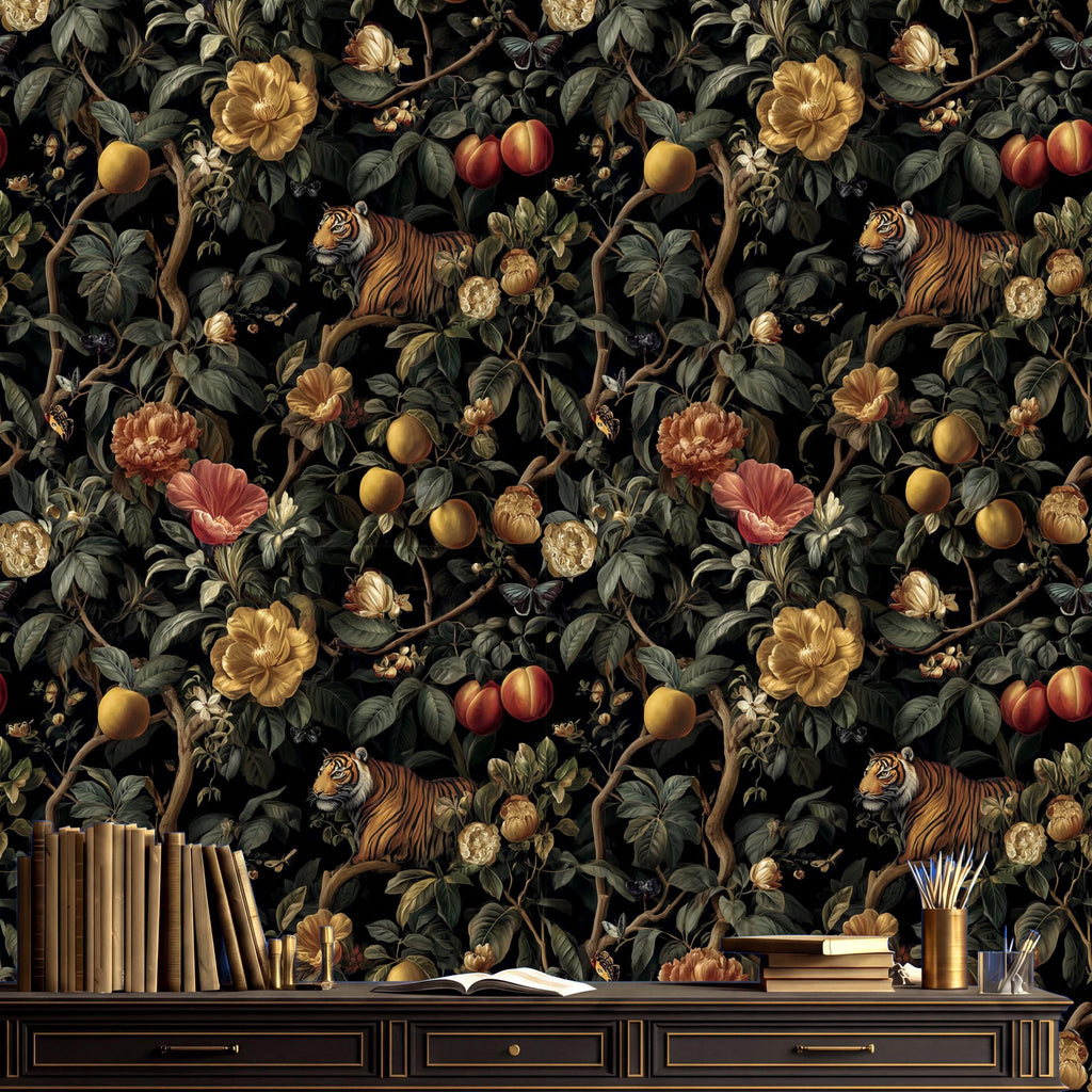 a vibrant and detailed wallpaper pattern with a lush, tropical feel. The wallpaper is adorned with various elements such as flowers, leaves, and fruits, creating a visually striking and intricate design. In the foreground, there is a wooden desk with a stack of books and a cup, suggesting a workspace or study area. The overall composition of the image is a harmonious blend of nature and human-made objects, creating a visually appealing and engaging scene.
