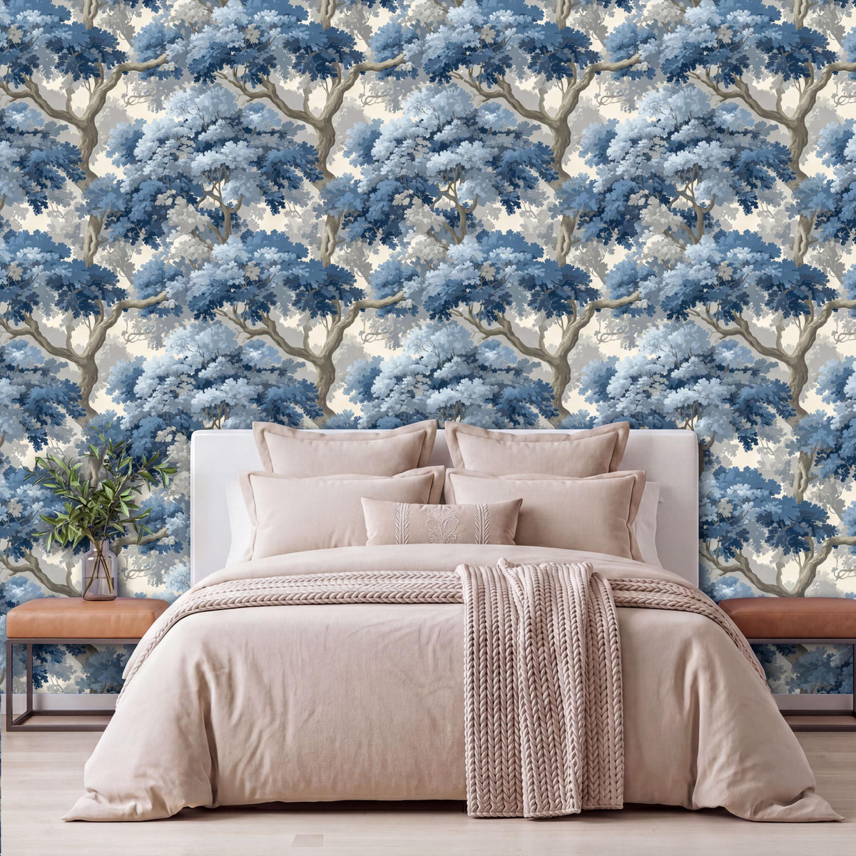 a bedroom with a large bed, a wooden nightstand, and a blue and white wallpaper pattern.