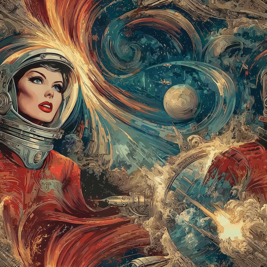 The image is a vibrant, stylized depiction of a woman in a spacesuit, surrounded by swirling cosmic elements and futuristic technology.