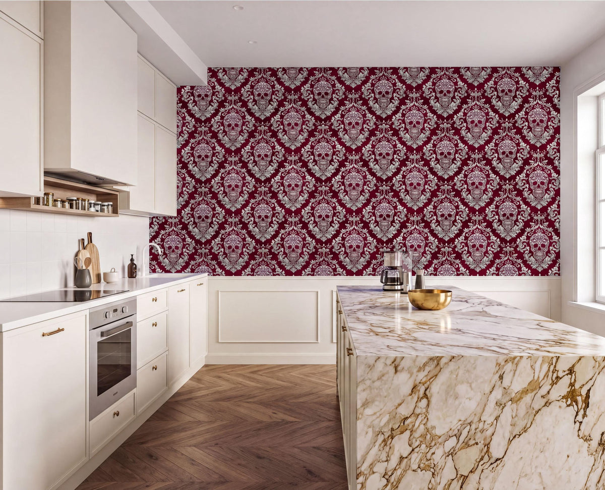 a modern kitchen with a large, marble-topped island and a patterned wall behind it. The kitchen features white cabinets, a stainless steel oven, and a marble countertop.