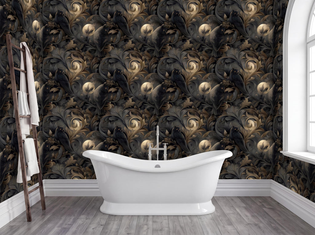 a luxurious bathroom with a freestanding bathtub, a dark, ornate wallpaper with a repeating pattern of owls, and a wooden ladder against the wall.