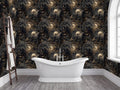 a luxurious bathroom with a freestanding bathtub, a dark, ornate wallpaper with a repeating pattern of owls, and a wooden ladder against the wall.