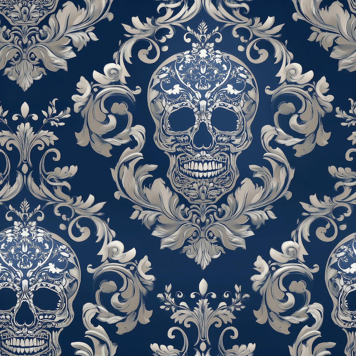 a repeating pattern of ornate, decorative skull designs against a dark blue background. The skulls are intricately detailed and surrounded by elaborate floral and scroll designs, creating a striking and visually appealing pattern.
