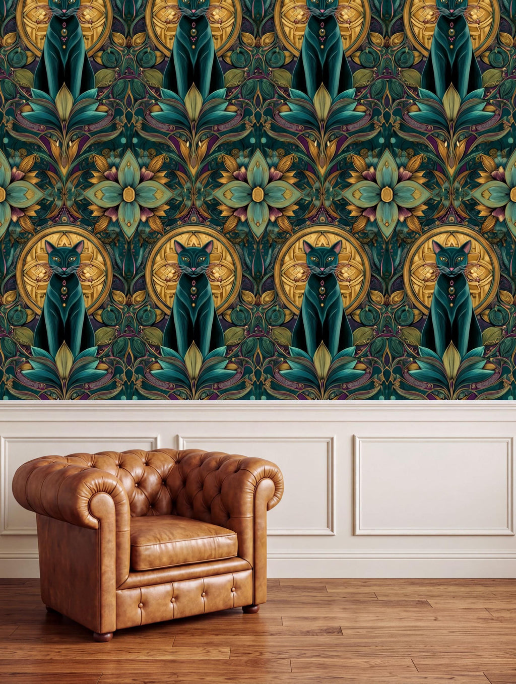 a large, ornate wallpaper with a repeating pattern of cats and flowers in shades of green, gold, and purple. The wallpaper is displayed on a wall above a brown leather armchair, creating a luxurious and sophisticated atmosphere in the room.