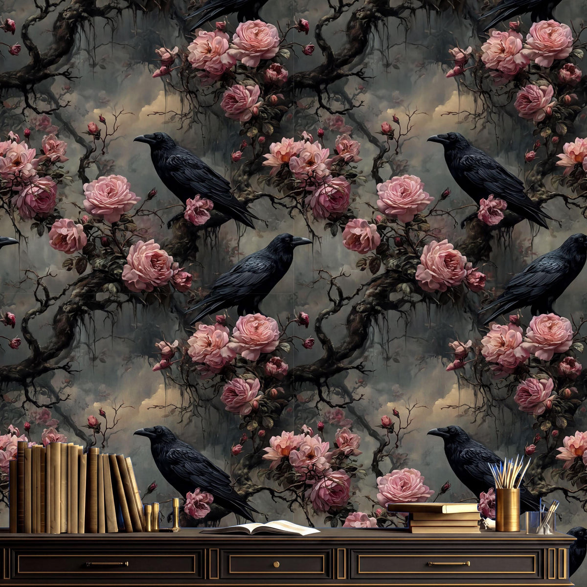 a dark, moody scene with a floral pattern of pink roses and black crows. The crows are perched on branches and flowers, creating a sense of harmony between the natural elements and the dark tones of the wallpaper. The overall composition is visually striking and evokes a sense of mystery and intrigue.