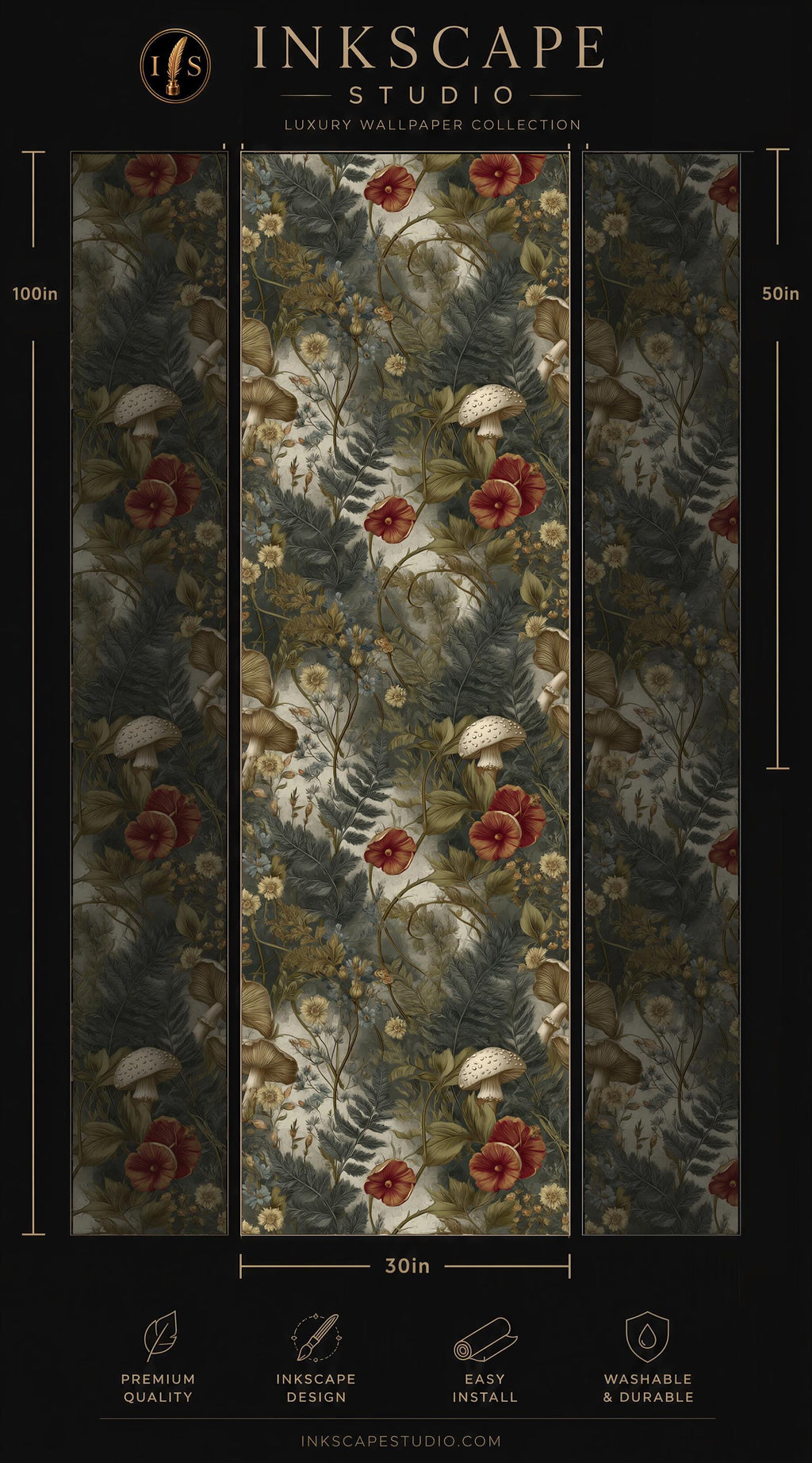 The image is a collage of three images, each depicting a different floral pattern. The images are arranged in a vertical format, with the top image being the largest and the bottom two being the smallest. The collage showcases a variety of floral designs, including red and green flowers, ferns, and other natural elements. The image does not contain any text, and the collage is not a single image but a collection of three separate images.