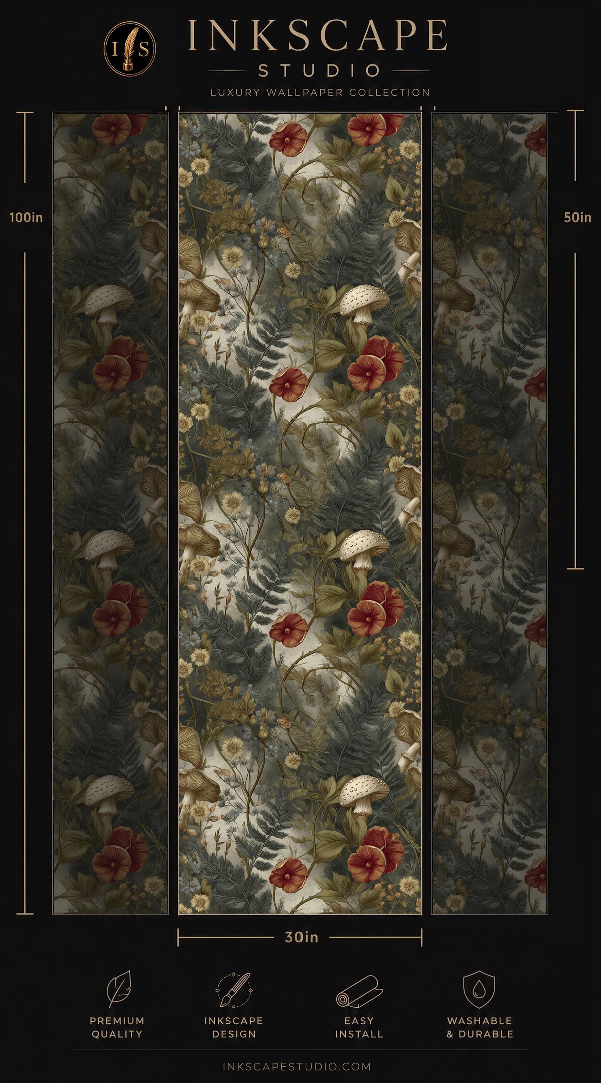 The image is a collage of three images, each depicting a different floral pattern. The images are arranged in a vertical format, with the top image being the largest and the bottom two being the smallest. The collage showcases a variety of floral designs, including red and green flowers, ferns, and other natural elements. The image does not contain any text, and the collage is not a single image but a collection of three separate images.