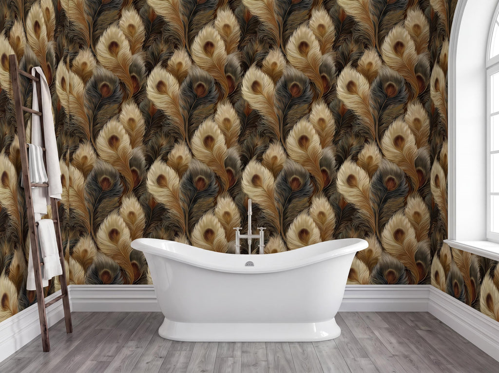 a luxurious bathroom with a freestanding bathtub in the center, surrounded by a wall covered in a repeating pattern of brown and gold peacock feathers. The room has a wooden floor and a window on the right side.