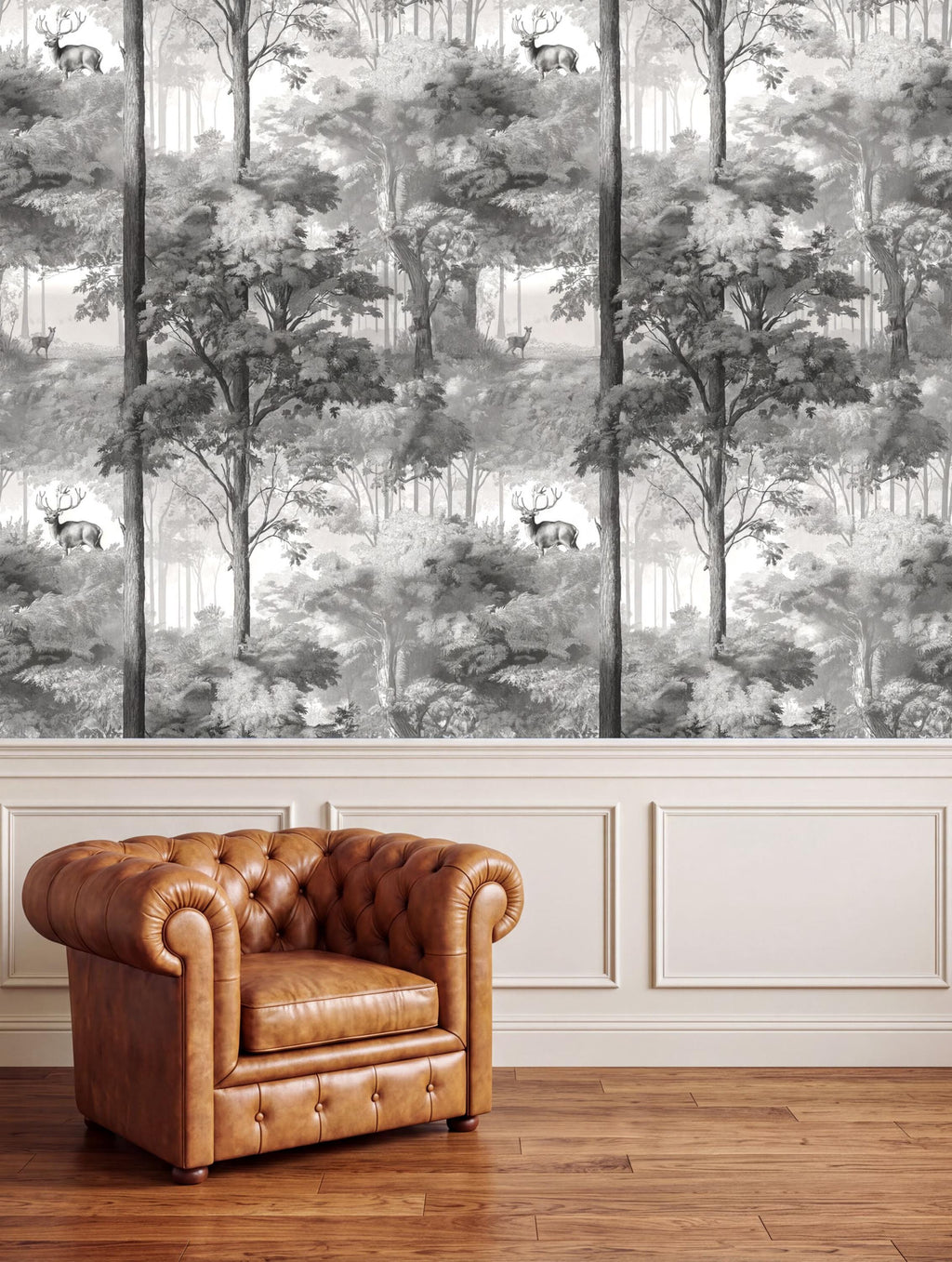 a large, detailed wallpaper with a forest scene, including deer and trees, covering the wall behind a brown leather armchair.