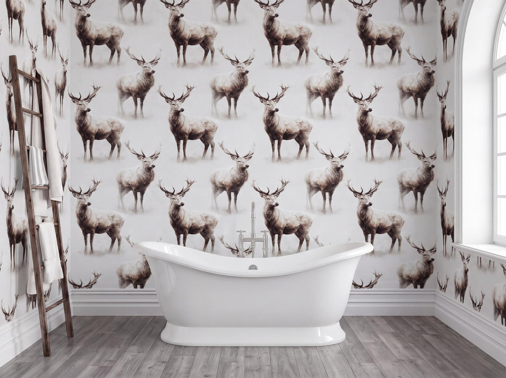 a bathroom with a white clawfoot bathtub in the center, surrounded by a repeating pattern of deer on the walls.