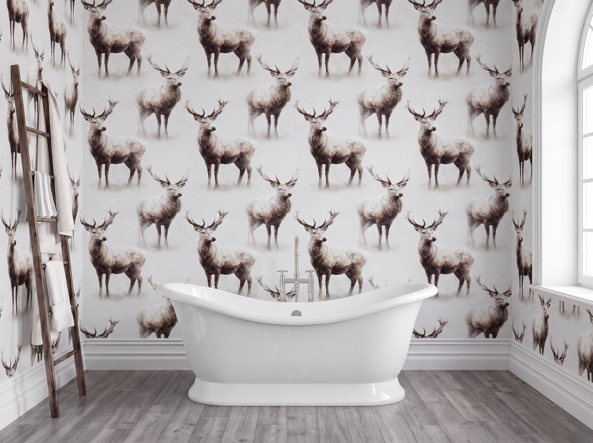 a bathroom with a white clawfoot bathtub in the center, surrounded by a repeating pattern of deer on the walls.