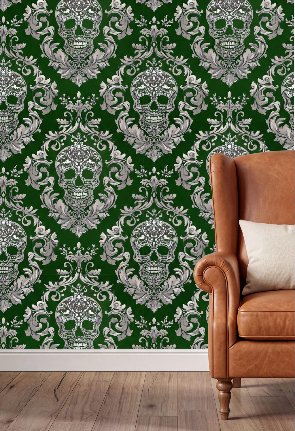 a wallpapered wall with a repeating pattern of white skull designs against a dark green background. In the foreground, there is a brown leather armchair with a white pillow on it.