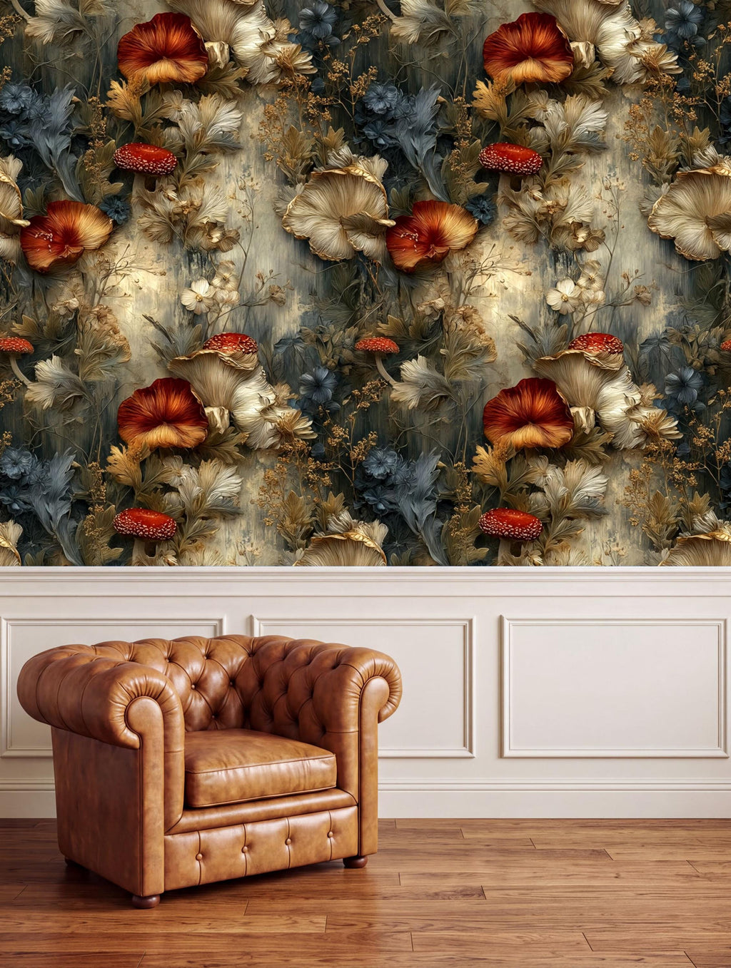 a large floral wallpaper with red and white flowers, set against a white wall. In the foreground, there is a brown leather armchair, creating a cozy and inviting atmosphere.