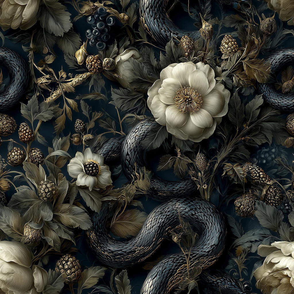 The image is a striking and intricate collage featuring a snake winding through a dense arrangement of flowers and leaves in shades of white, gold, and black.