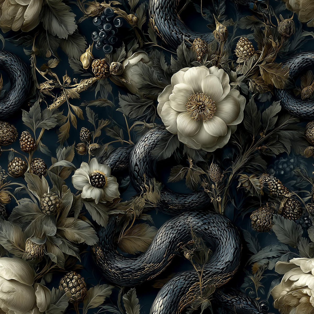 The image is a striking and intricate collage featuring a snake winding through a dense arrangement of flowers and leaves in shades of white, gold, and black.