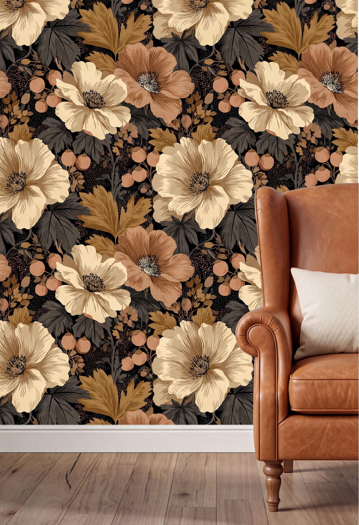 a wallpapered wall with a floral pattern, including large white and peach-colored flowers, along with green leaves and berries. In the foreground, there is a brown leather armchair with a white pillow on it.