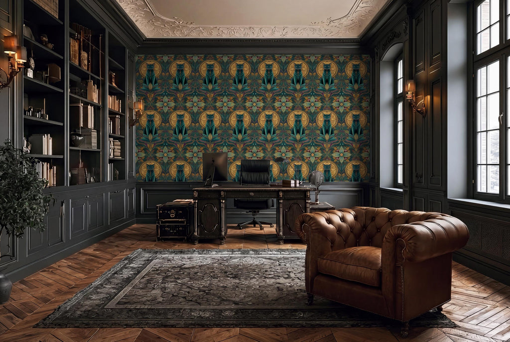 a luxurious and well-appointed home office with a large, ornate wallpaper featuring a repeating pattern of green and gold designs. The room is furnished with a tufted leather armchair, a wooden desk with a computer, and a large rug on the floor. The room is also adorned with several bookshelves filled with books and decorative items, creating a sophisticated and elegant atmosphere.