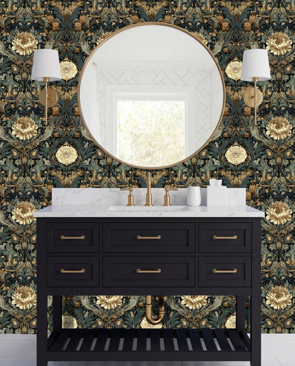 a bathroom vanity with a black countertop, a round mirror above it, and two wall sconces on either side. The vanity has six drawers and a marble top. The wall behind the vanity is covered in a floral wallpaper with gold and green patterns.