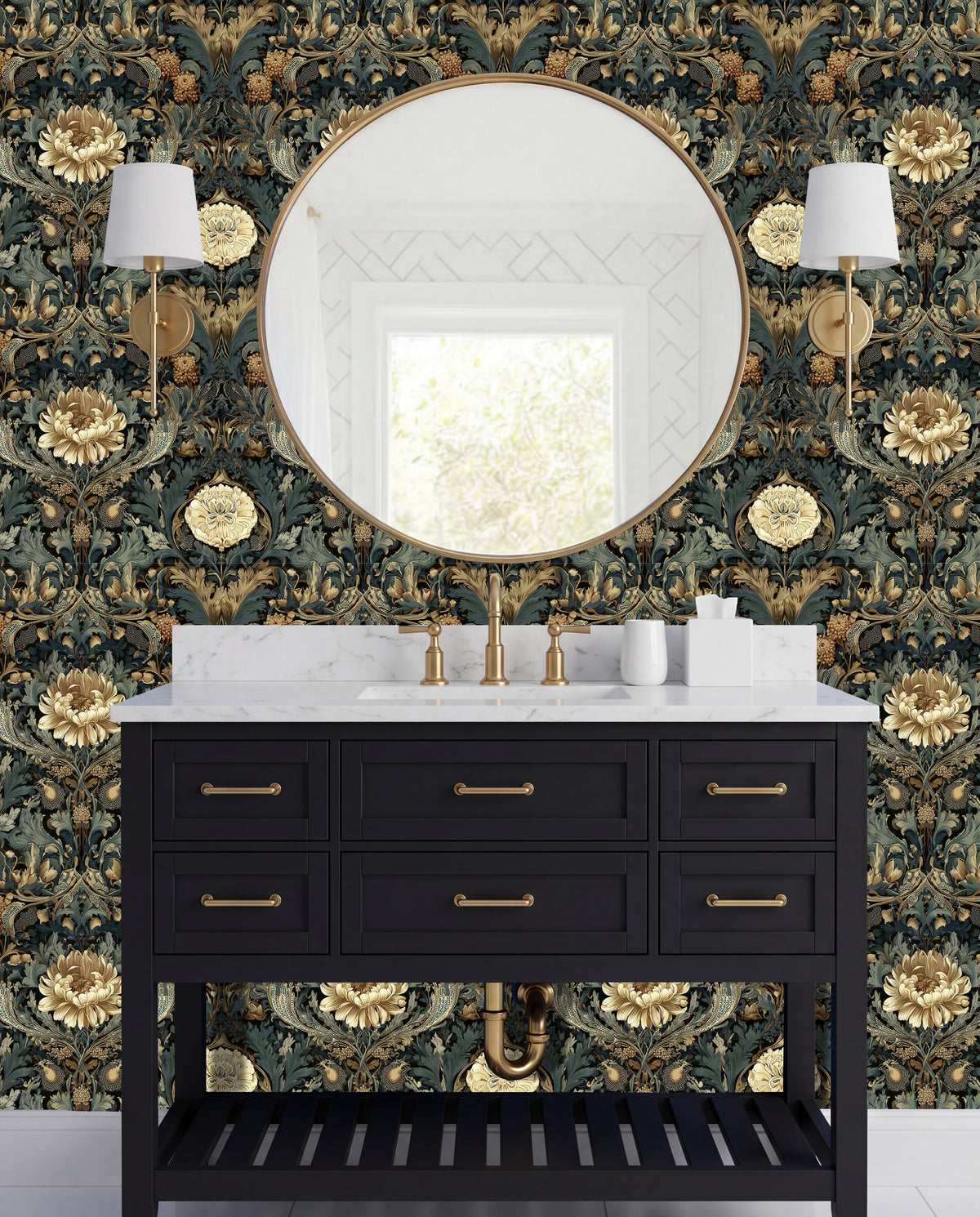 a bathroom vanity with a black countertop, a round mirror above it, and two wall sconces on either side. The vanity has six drawers and a marble top. The wall behind the vanity is covered in a floral wallpaper with gold and green patterns.