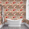 a bathroom with a white freestanding bathtub in the center, surrounded by a wall with a floral pattern in shades of pink and orange. A wooden ladder is leaning against the wall, and a window is visible on the right side of the image.