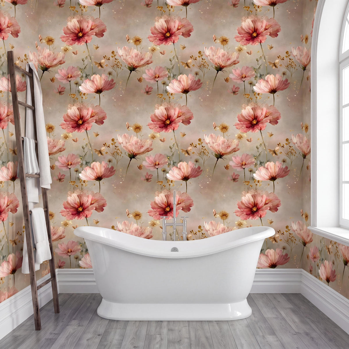 a bathroom with a white freestanding bathtub in the center, surrounded by a wall with a floral pattern in shades of pink and orange. A wooden ladder is leaning against the wall, and a window is visible on the right side of the image.