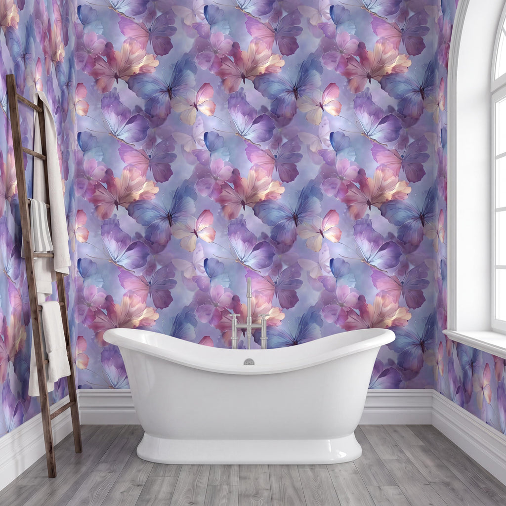a bathroom with a white freestanding bathtub in the center, surrounded by a vibrant floral pattern in shades of purple, pink, and blue. The walls are covered in this pattern, creating a visually striking and unique design.