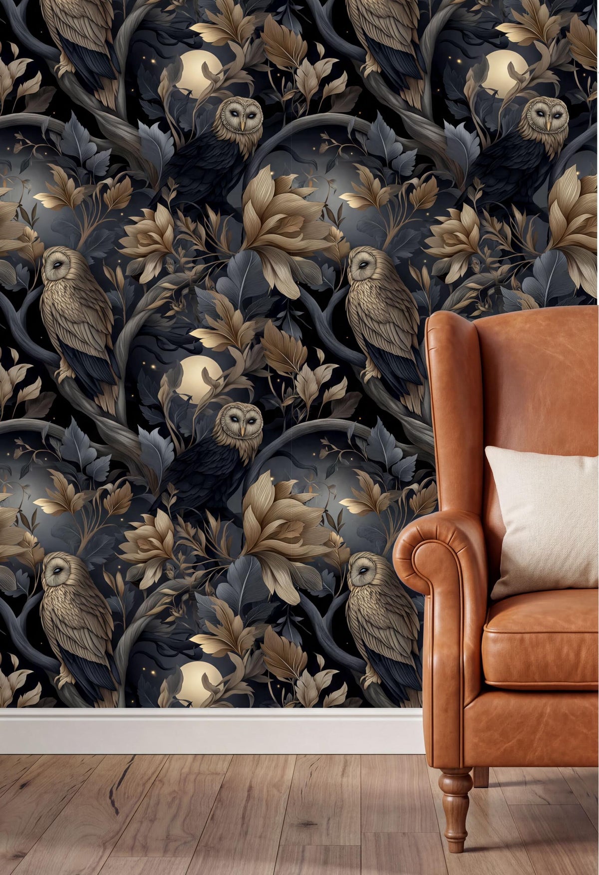 a wallpapered wall with a repeating pattern of owls and flowers in shades of blue, gold, and black. The wall is dark, creating a striking contrast with the lighter elements. In the foreground, there is a brown leather armchair with a white pillow on it.