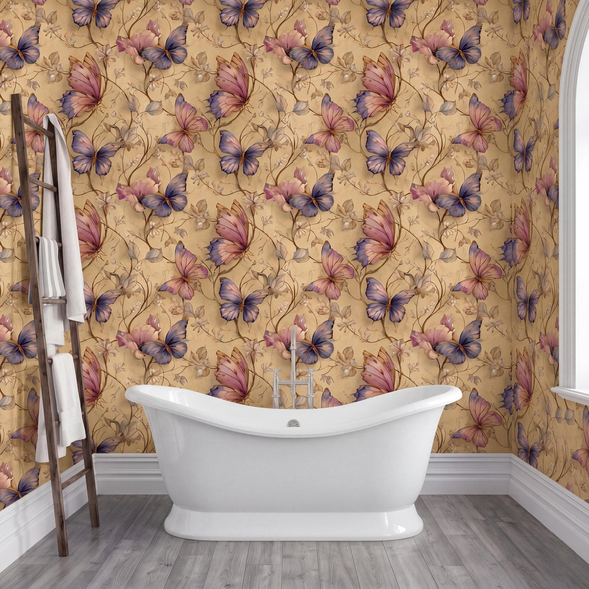a bathroom with a white freestanding bathtub in the center, surrounded by a floral wallpaper with pink and purple butterflies. A wooden ladder is leaning against the wall next to the bathtub.