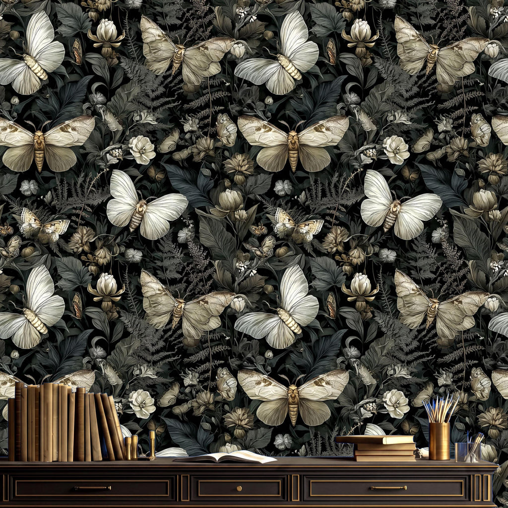 a dark, moody wallpaper with a repeating pattern of butterflies and flowers. The wallpaper is dark green and has a vintage, antique appearance. On the right side of the image, there is a wooden desk with a stack of books and a pen holder.