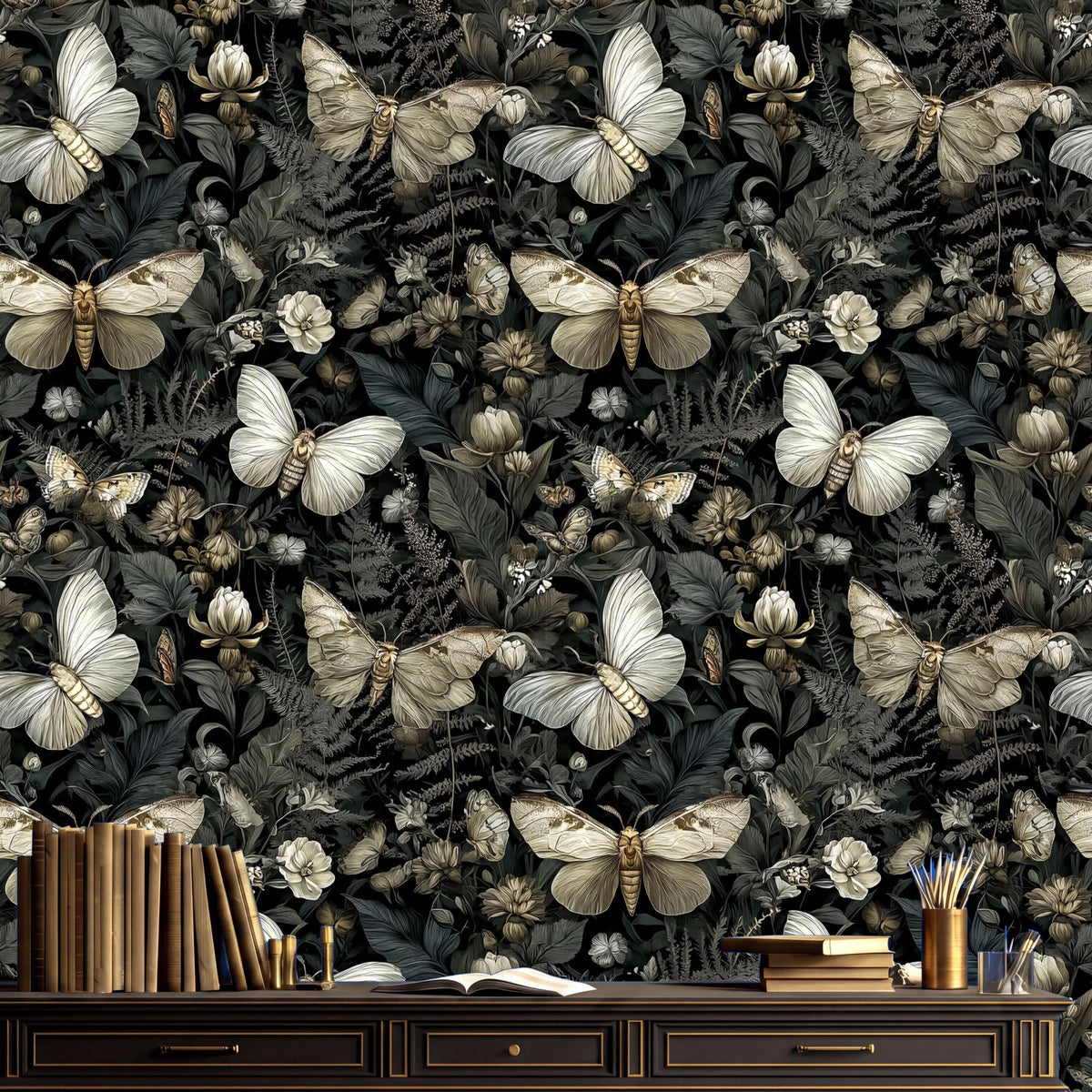 a dark, moody wallpaper with a repeating pattern of butterflies and flowers. The wallpaper is dark green and has a vintage, antique appearance. On the right side of the image, there is a wooden desk with a stack of books and a pen holder.