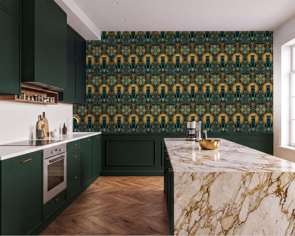a modern kitchen with a marble countertop, dark green cabinets, and a patterned wallpaper accent wall.