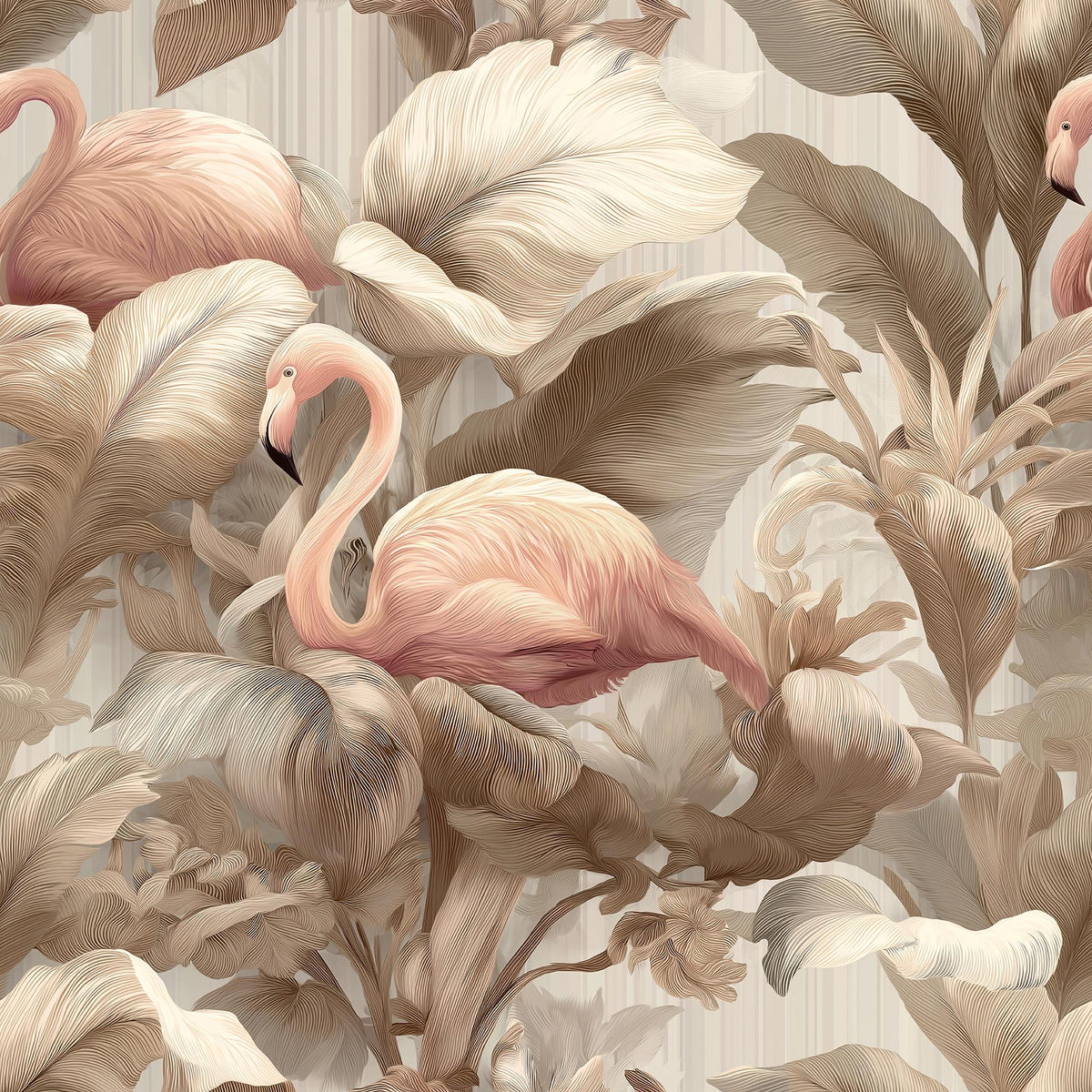 a pink flamingo surrounded by a lush, tropical plant backdrop.