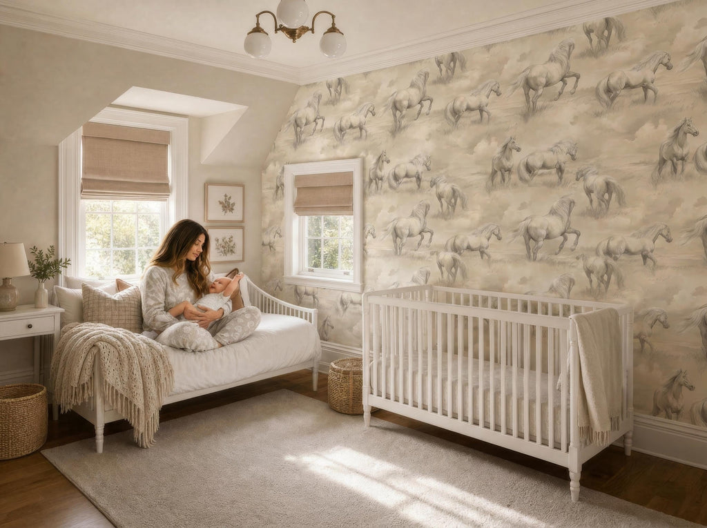 A woman sits on a white bed in a nursery, holding a baby, with a crib nearby. The room has a horse-themed wallpaper and a beige color scheme.