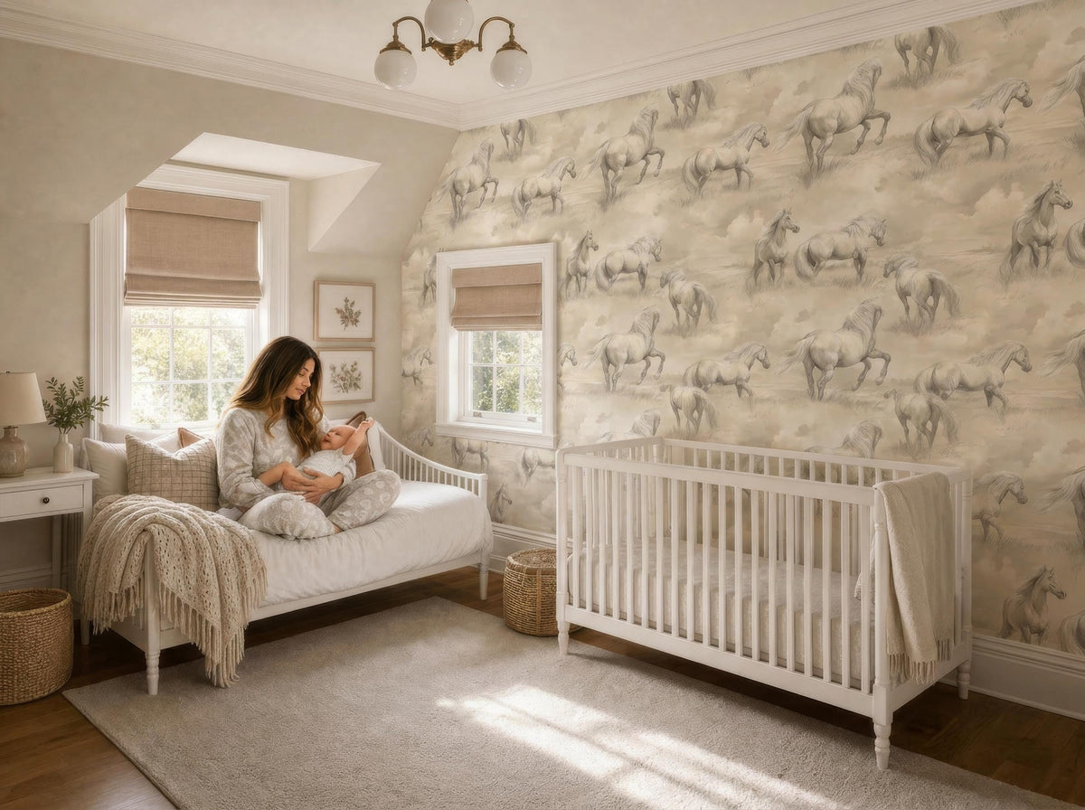 A woman sits on a white bed in a nursery, holding a baby, with a crib nearby. The room has a horse-themed wallpaper and a beige color scheme.