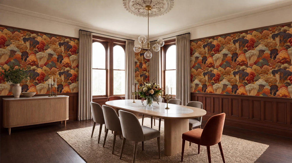 a spacious dining room with a large wooden table surrounded by six chairs. The walls are adorned with a vibrant, colorful wallpaper featuring a repeating pattern of elephants. The room is well-lit, with a chandelier hanging from the ceiling and a large window providing natural light. The dining table is set with a vase of flowers and a bowl, creating an inviting and elegant atmosphere.