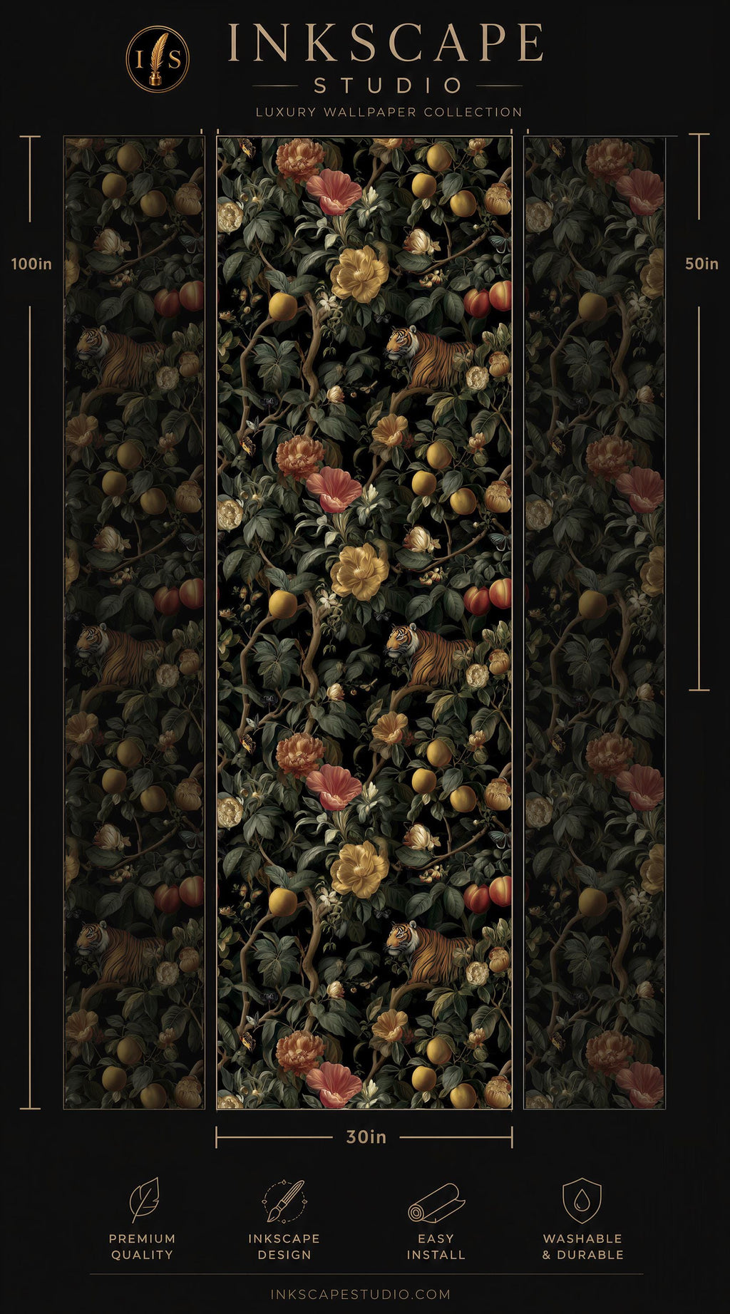 The image is a collage of three images depicting a floral pattern with various fruits and leaves. The collage is titled "INScape Studio" and is part of a luxury wallpaper collection. The images are described as "Premium quality" and "Easy to install", and the size of the wallpaper is 50 inches.
