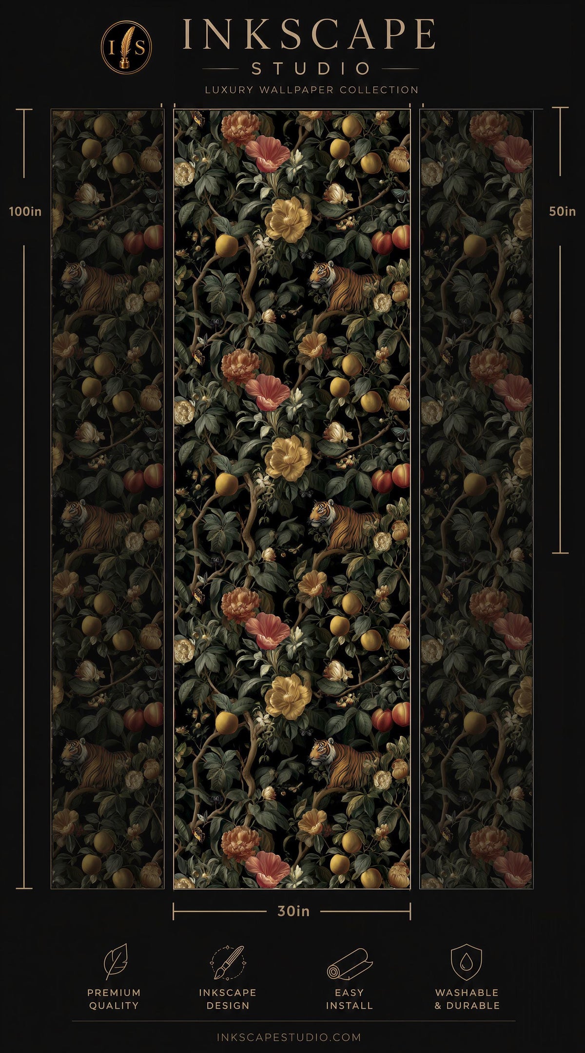 The image is a collage of three images depicting a floral pattern with various fruits and leaves. The collage is titled "INScape Studio" and is part of a luxury wallpaper collection. The images are described as "Premium quality" and "Easy to install", and the size of the wallpaper is 50 inches.
