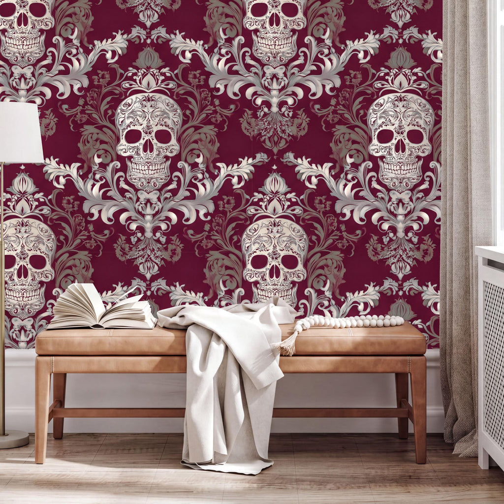 a wooden bench with an open book on it, set against a wall with a repeating pattern of skull designs in shades of red and white.