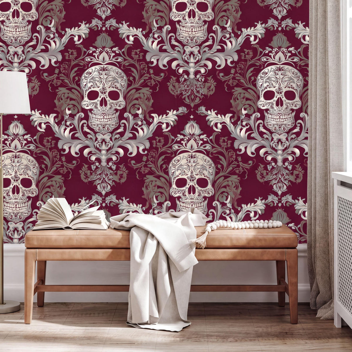 a wooden bench with an open book on it, set against a wall with a repeating pattern of skull designs in shades of red and white.