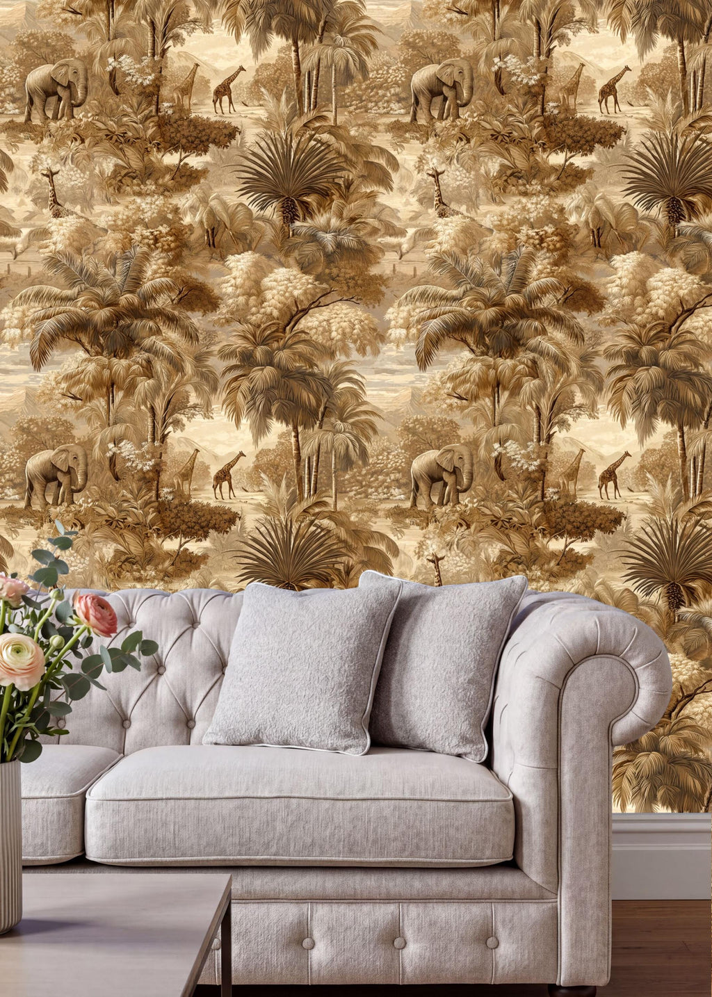 a living room with a white tufted sofa and a wooden coffee table. The sofa is positioned against a wall with a large, intricate wallpaper depicting a tropical jungle scene with various animals and plants.