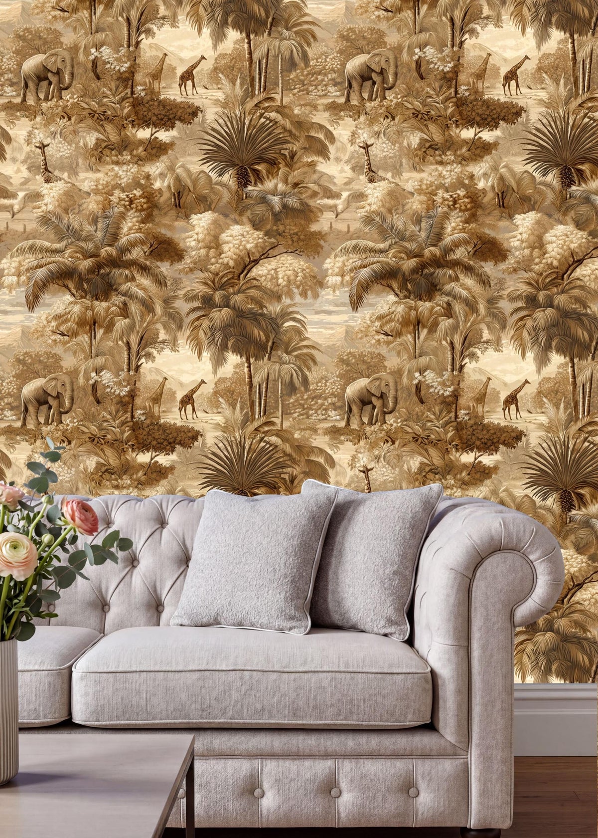 a living room with a white tufted sofa and a wooden coffee table. The sofa is positioned against a wall with a large, intricate wallpaper depicting a tropical jungle scene with various animals and plants.