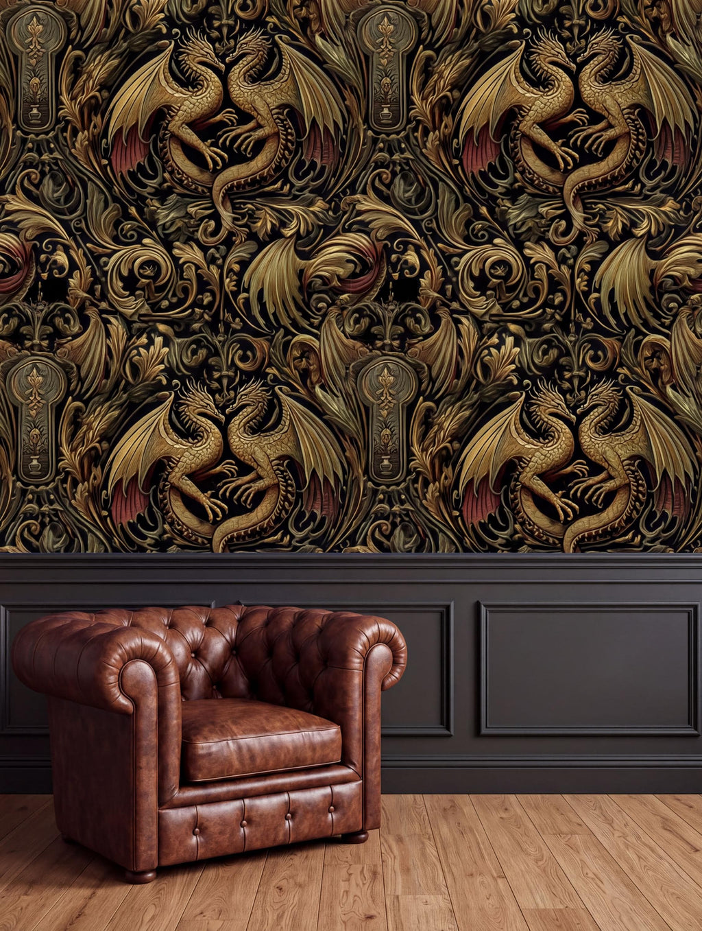 a brown leather armchair positioned in front of a wall with a detailed, ornate wallpaper design.