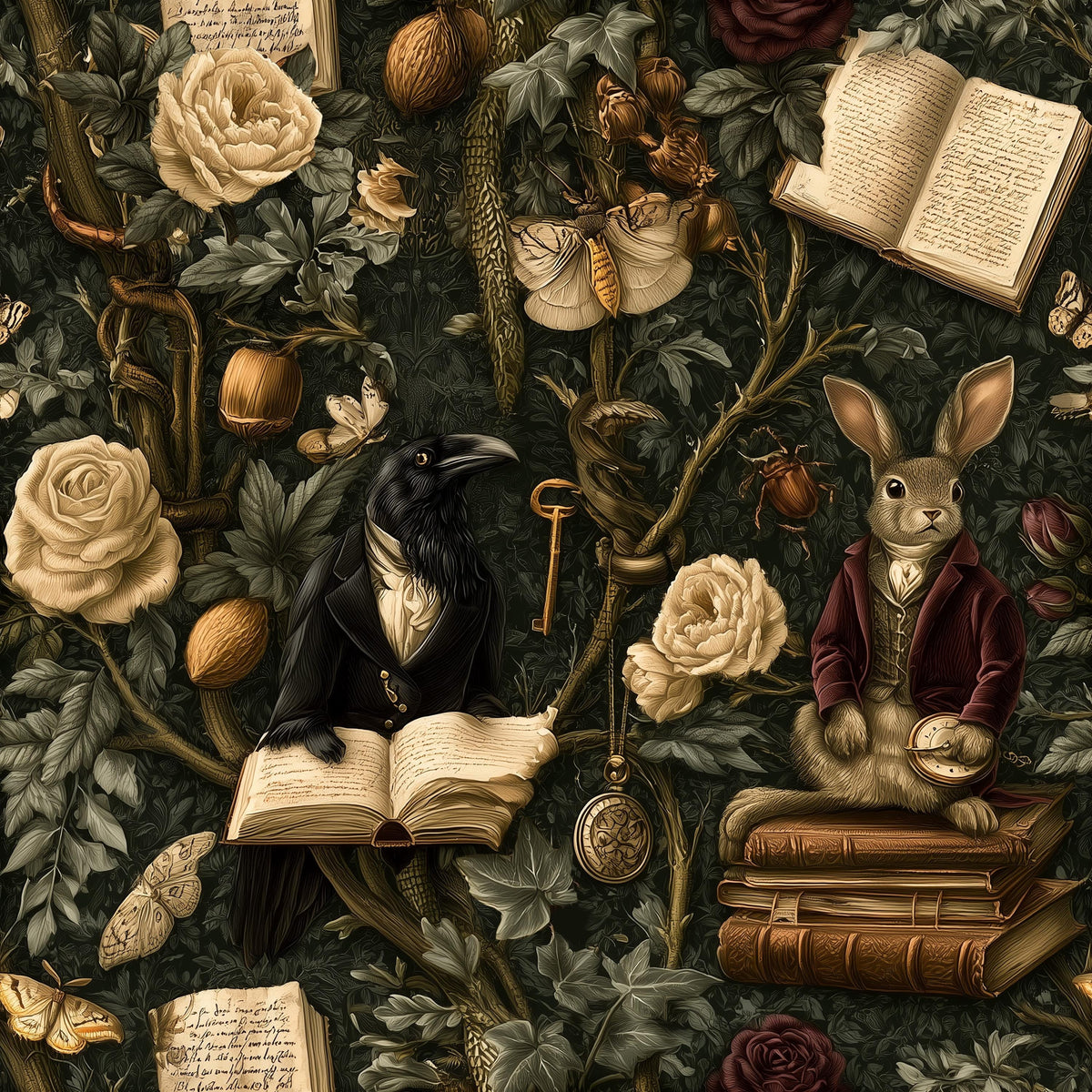 The image is a detailed illustration featuring a rabbit, a crow, and various books, flowers, and insects set against a lush, green background.