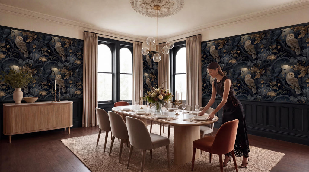 A woman in a black dress is setting the table in a dining room with a large floral wallpaper, a chandelier, and a wooden table with chairs.