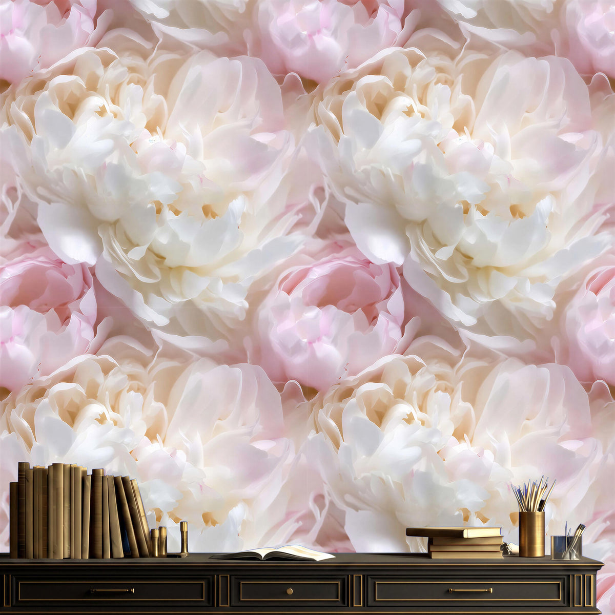 a large floral wallpaper with white and pink flowers, creating a serene and elegant atmosphere. In the foreground, there is a wooden desk with a bookshelf and a vase of flowers, adding a touch of nature and warmth to the scene.