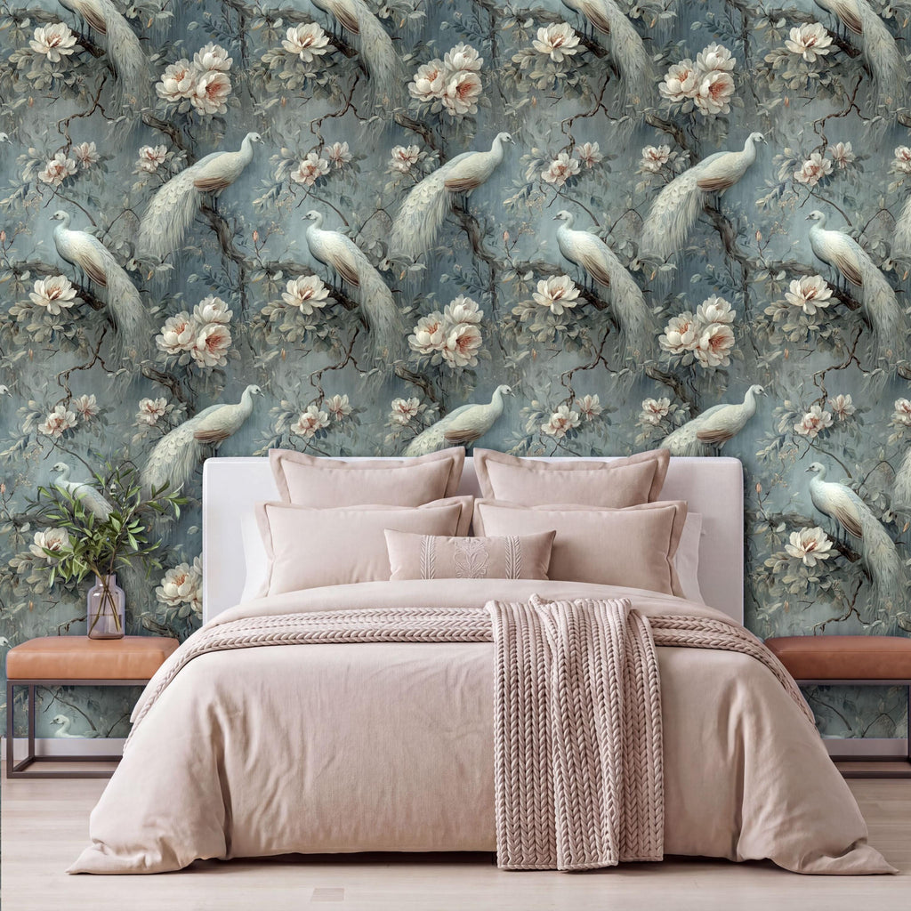 a bedroom with a large bed, a wooden nightstand, and a wallpapered wall with a floral pattern.