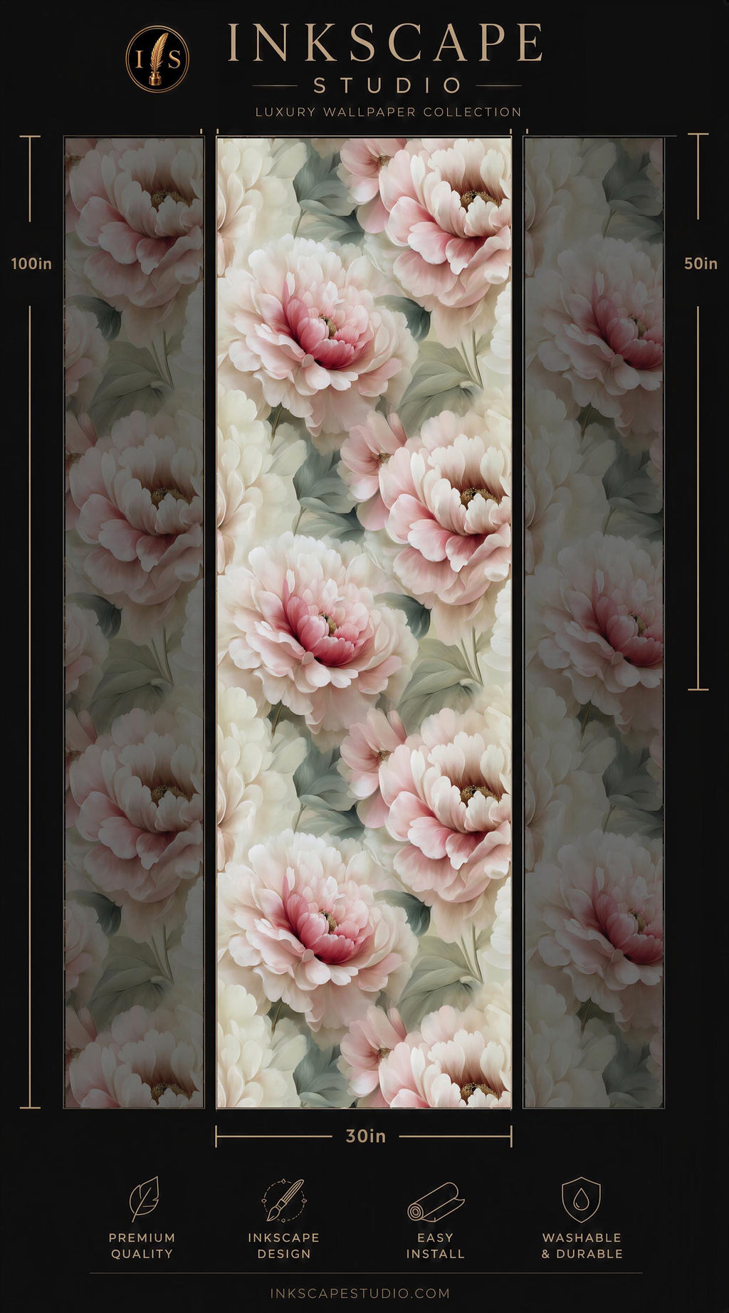 The image is a collage of three images featuring a floral pattern of pink and white flowers. The collage is titled "INKSCAPE STUDIO" and includes a "Premium Wallpaper Collection" and dimensions of "30in" for each image.