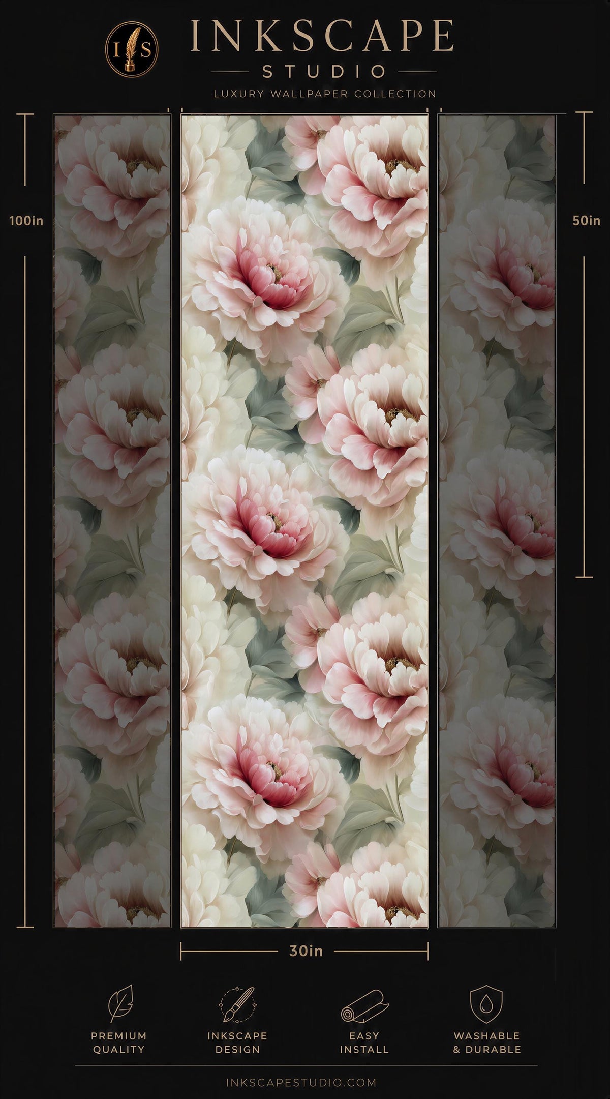 The image is a collage of three images featuring a floral pattern of pink and white flowers. The collage is titled "INKSCAPE STUDIO" and includes a "Premium Wallpaper Collection" and dimensions of "30in" for each image.