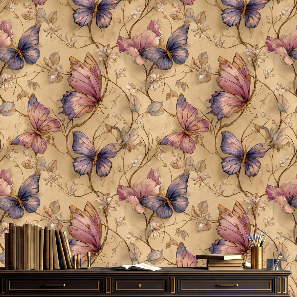 a wallpapered wall with a floral pattern of butterflies and flowers. On a wooden shelf below the wall, there are several books and a cup.