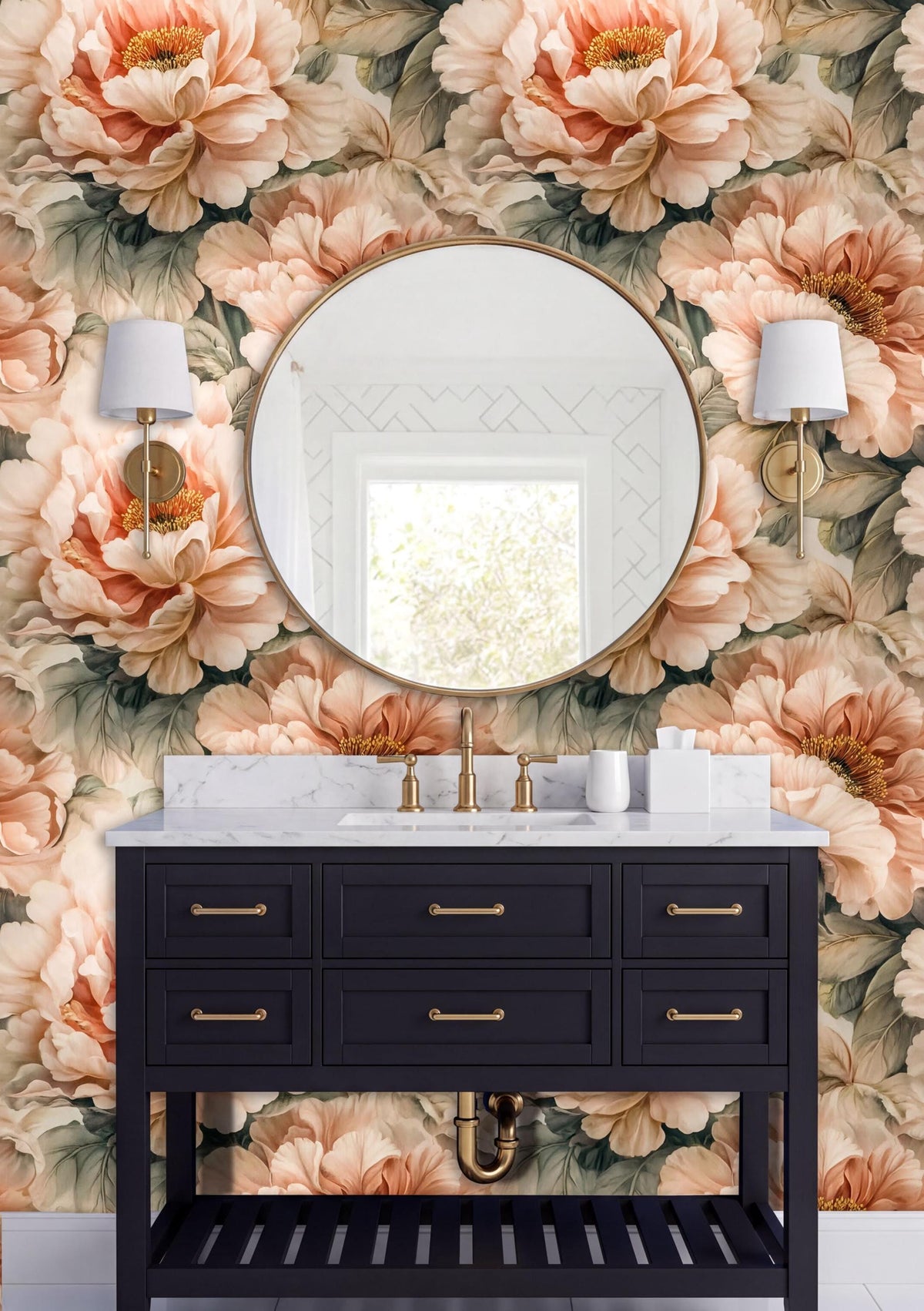 a bathroom vanity with a black cabinet and a round mirror above it, set against a wall with a floral wallpaper.